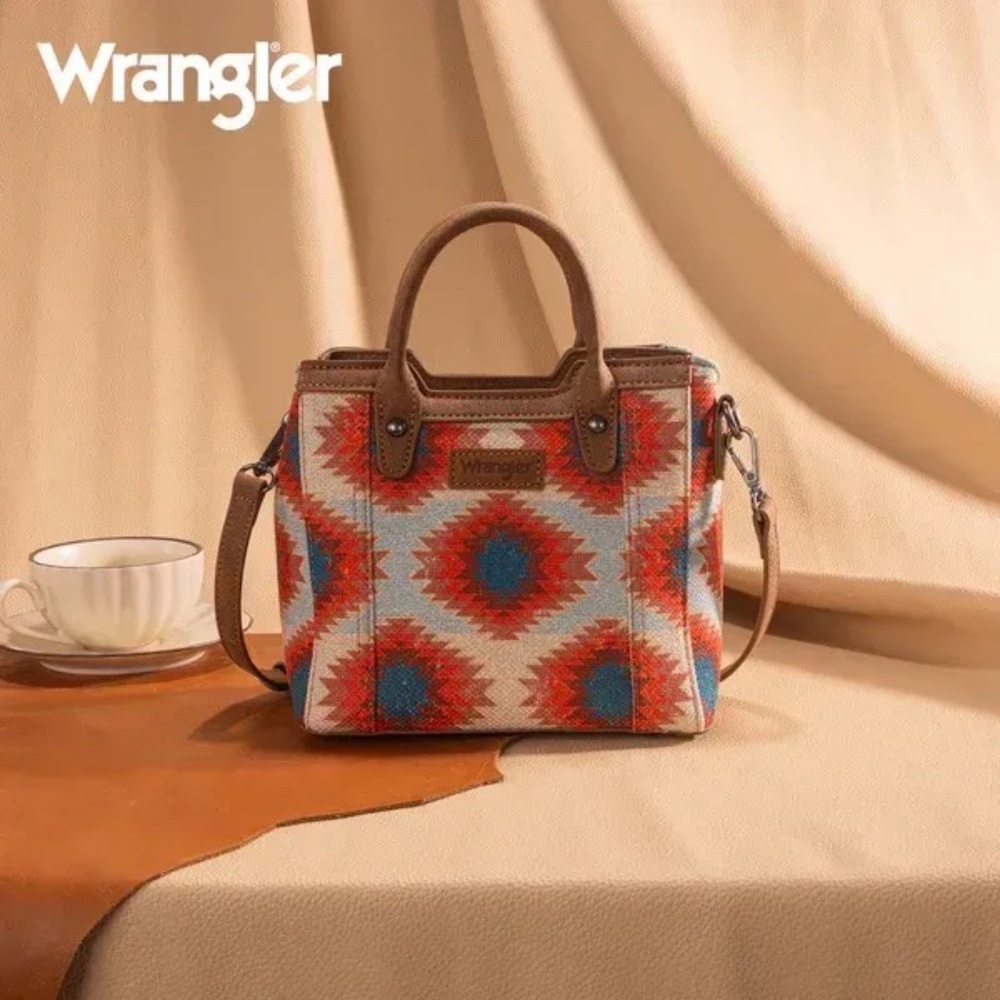 Wrangler Aztec Distressed Print Dual Sided Print Mini Tote/Crossbody -Red